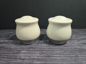 Vintage Pfaltzgraff Juniper Salt and Pepper Shakers Set Stoneware Teal Mauve USA